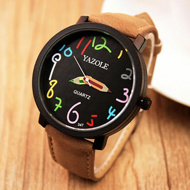 YAZOLE-Reloj grande de cuero para Mujer, pulsera de cuarzo con lápices de colores digitales, a la moda