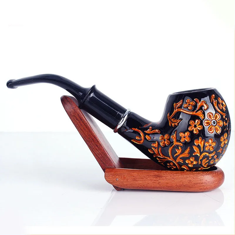 Engraved Flower Resin Wood Smoking Pipe Handmade Portable Tobacco Pipe Classic Bent Pipes Cigar Tube As Best Gift In Stock