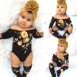 Bebê recém-nascido Flor Dourada Romper impressão e perna aquecedores, menina fora do ombro roupa, conjunto de roupas, 3pcs