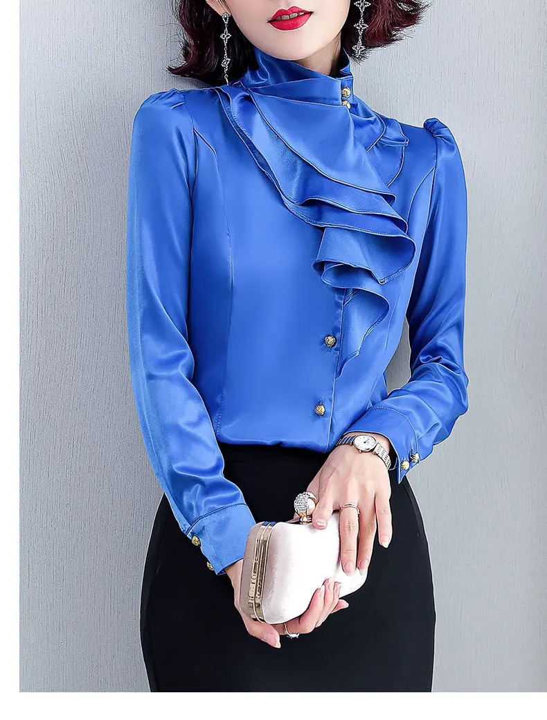 Chiffon White Shirts for Women, Long Sleeve Tops, Ruffled Stand Collar, Women\'s Clothing, OL Blouses, 2021