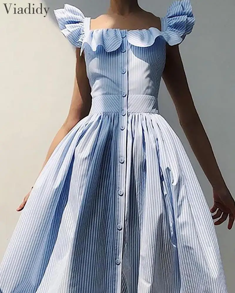 Striped Square Neck Flutter Sleeve Sweet Dress Women Ruffles Maxi Dress