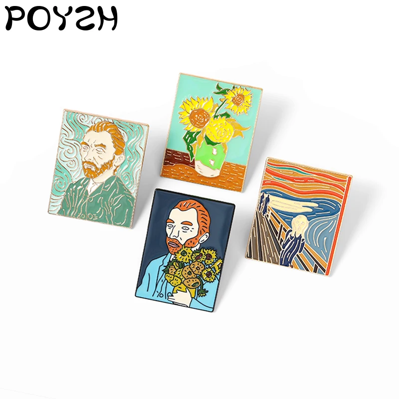 Fashion oil painting Enamel Brooch van gogh Sunflower Chrysanthemum shout loudy Lapel Pin Backpack jackets punk badge gifts