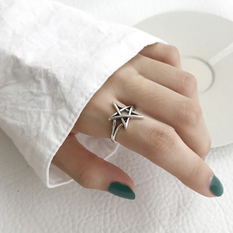 Exaggerated Personality 925 Sterling Silver Pentagram Rings For Women Jewelry Adjustable Antique Opening Finger Ring Anillos