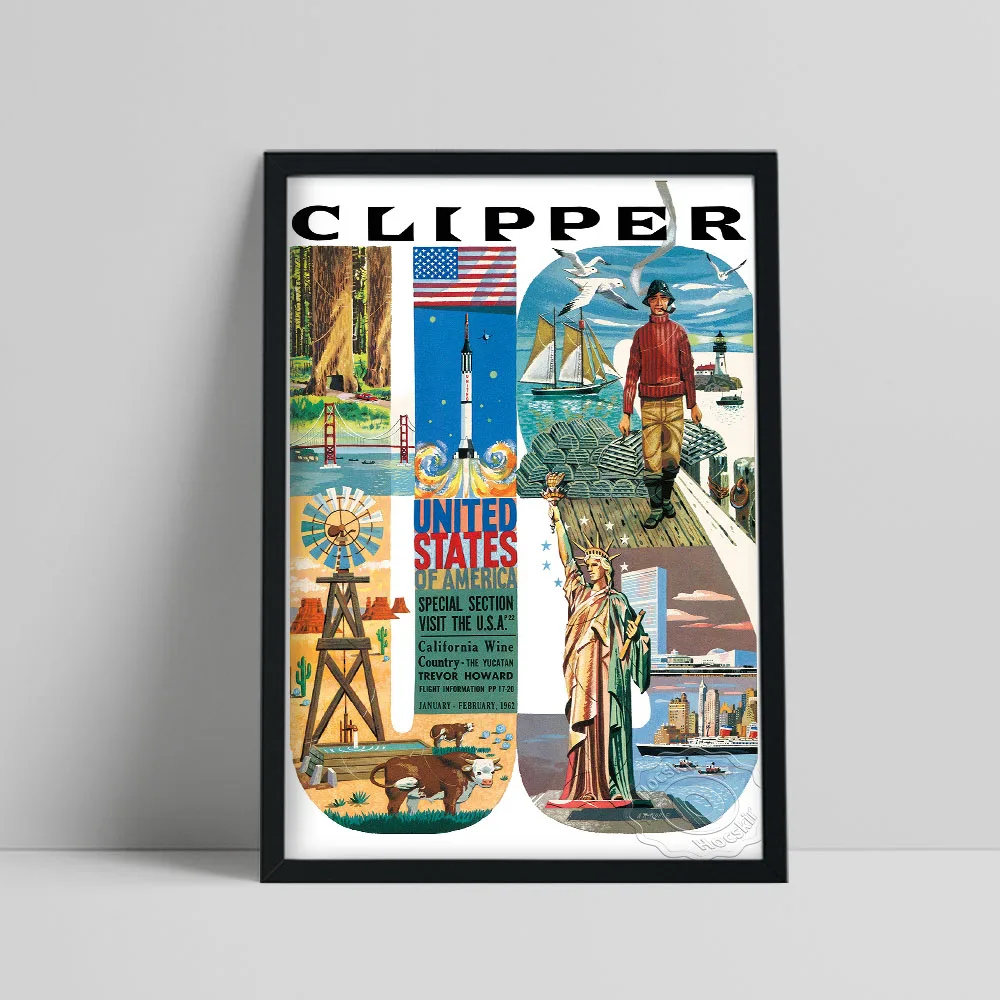 

Vintage Airline World Travel Poster, Clipper Usa Famous Attraction Compilations Art Prints, Nostalgic Style Home Wall Decor Gift