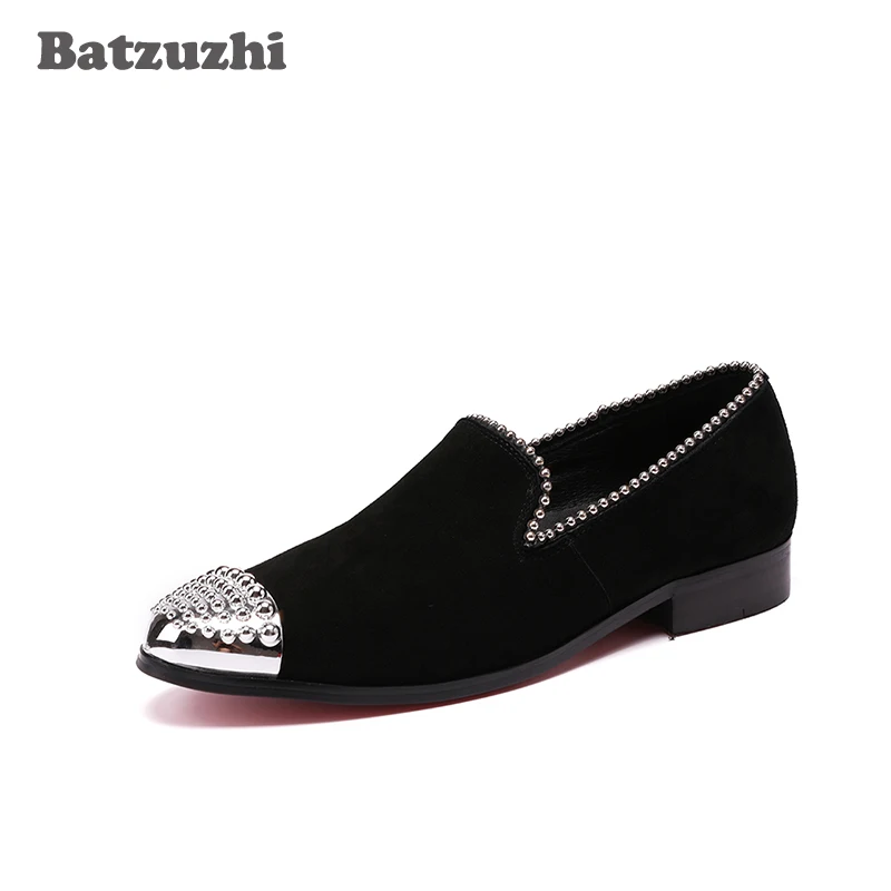 

Batzuzhi Handsome Black Suede Men Shoes with Silver Metel Cap Party and Wedding Men Loafer Flats Shoes Casual Chaussure Homme