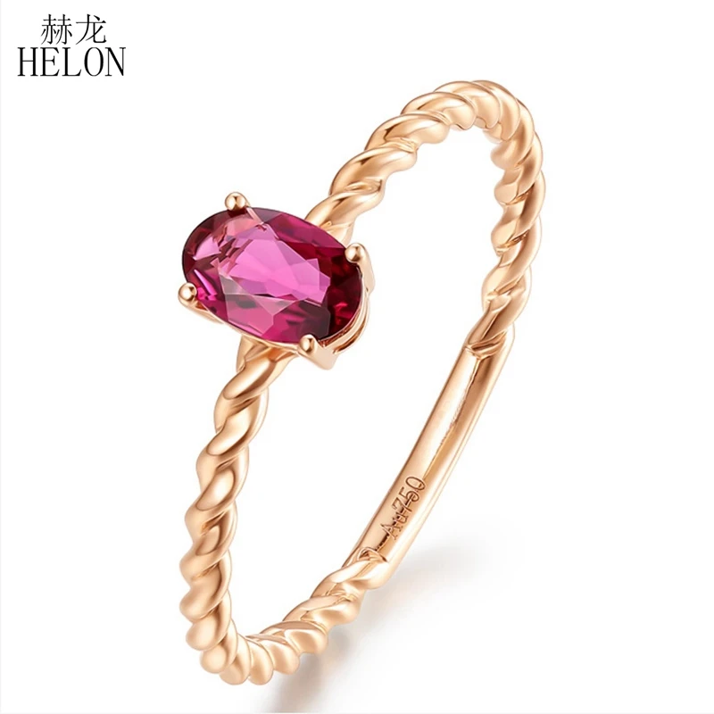 

HELON Solid 18K Rose Gold Certified Oval 4x5mm Tourmaline Ring Genuine Gemstone Ring Jewelry Wedding Party Rings For Women Gift