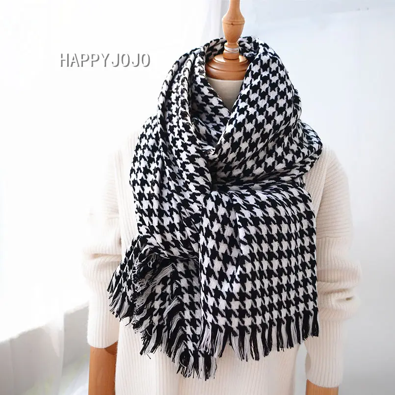 Wool shawl women luxury classic black white houndstooth long scarf cape soft chic fashion casual warm pashmina scarves for lady