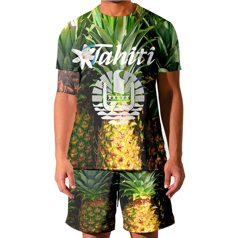 3D Impresso Tahiti Polinésia Abacaxi Verão T-shirt Shorts Set Sportswear Tracksuit O Pescoço de Manga Curta Men's Clothing Suit