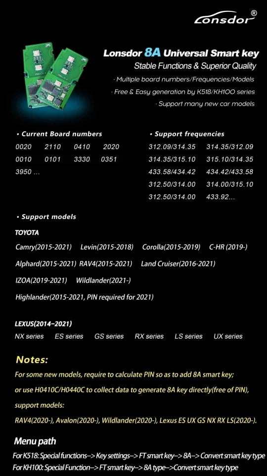 Lonsdor 8A Simulator Universal Smart Key Emulator for K518 and KH100 Key Programmer