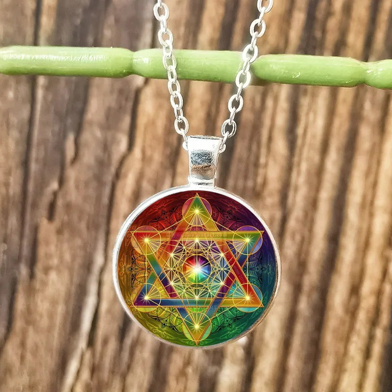 Geometry Metatron Cube Necklace for Men Lady Sri Yantra Flower of Life Glass Round Pendant Chain Necklaces Hexagram Jewelry