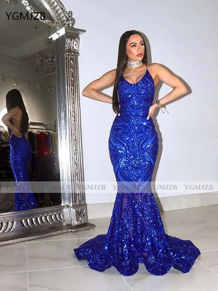 Vestidos de baile sexy sem costas femininos, sereia, lantejoulas brilhantes, gola V, azul royal, africano, vestidos de festa formais, garota negra, 2023