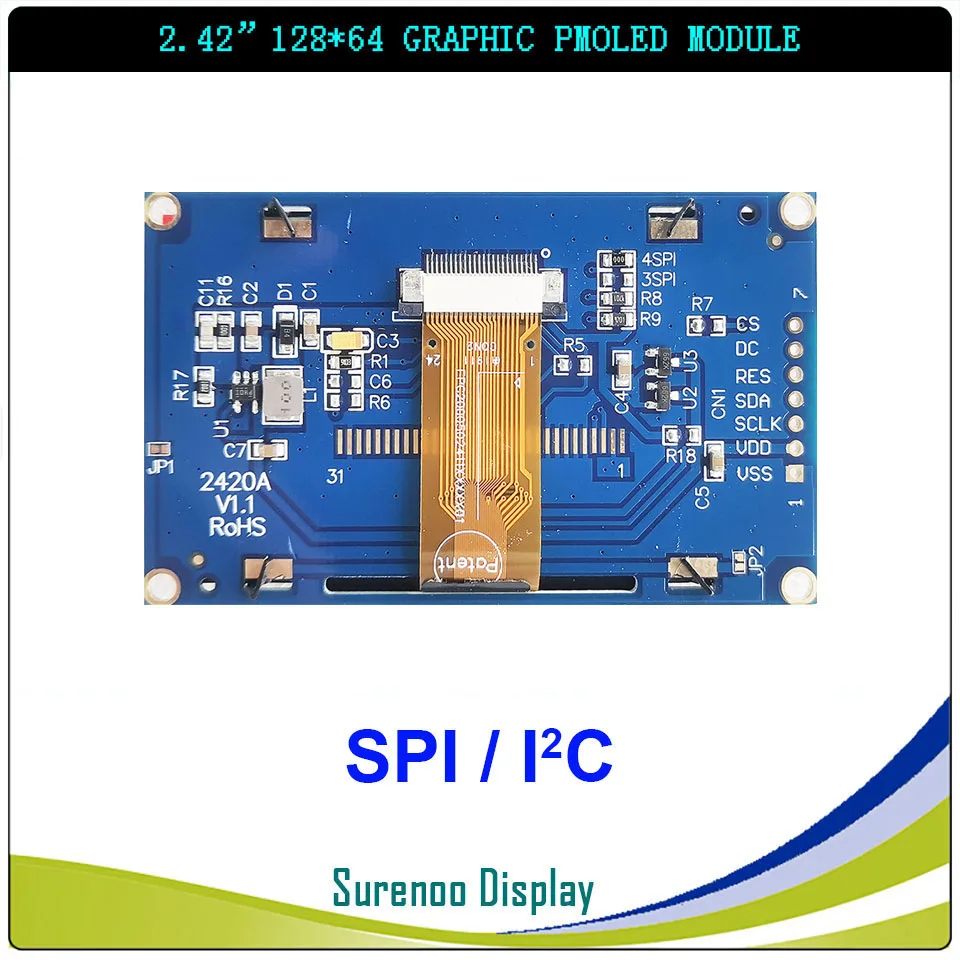 Real OLED Display, 2.42" 128*64 12864 SPI I2C / IIC Graphic LCD Module Screen LCM Screen SSD1309 Controller