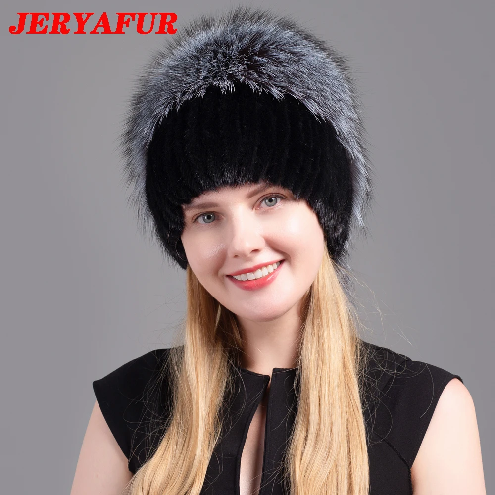 JINBAOSEN Women Fur Hats Fluffy Winter Warm Knitted Natural Mink Fur Hats Fashion Top Hats Women Natural Fur Hats