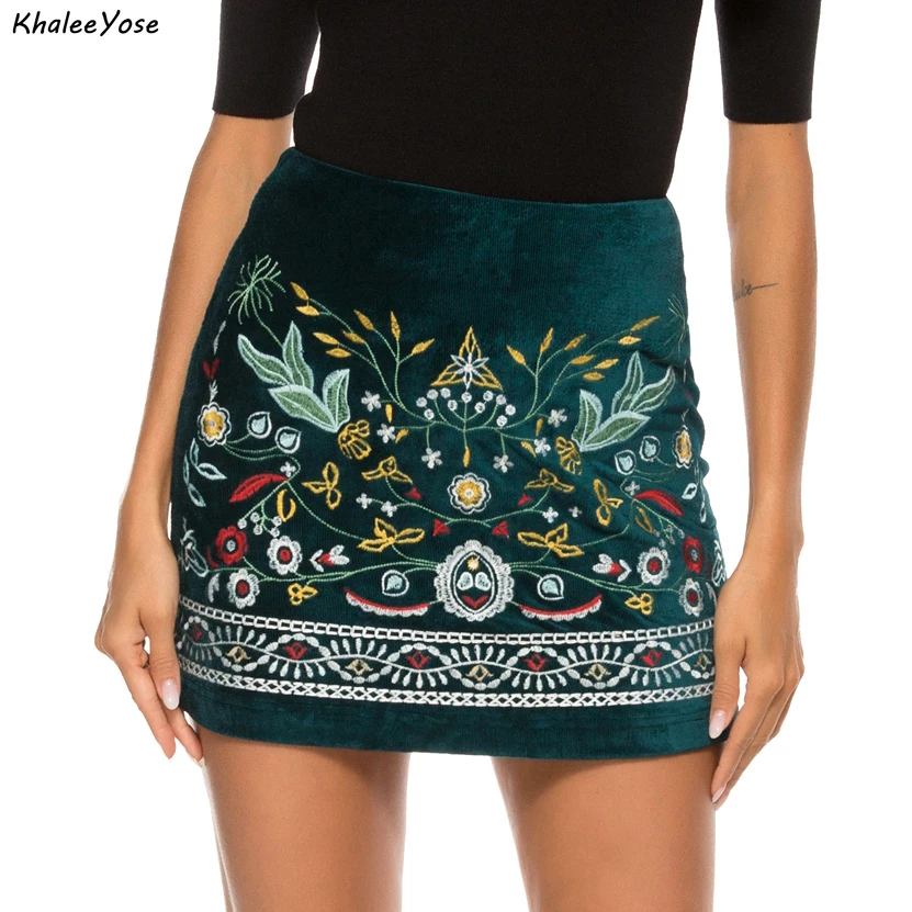 

KHALEE YOSE Floral Emboridery Mini Skirts Boho Vintage Women Sexy Pencial Skirt Elatic Bodycon Hippie Chic Ladies Summer Skirts