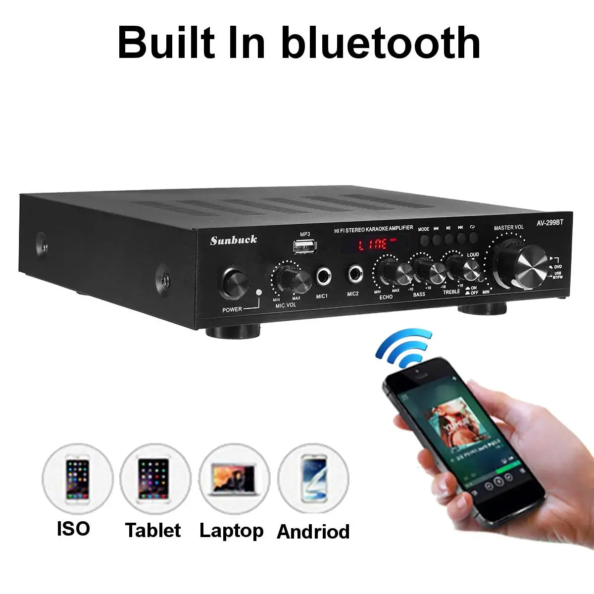 مكبرات الصوت المسرح المنزلي SUNBUCK AV-299BT USB FM 5.0 بلوتوث MP3 2 Mic المدخلات 2CH 2000 واط 50 هرتز ستيريو مكبر كهربائي