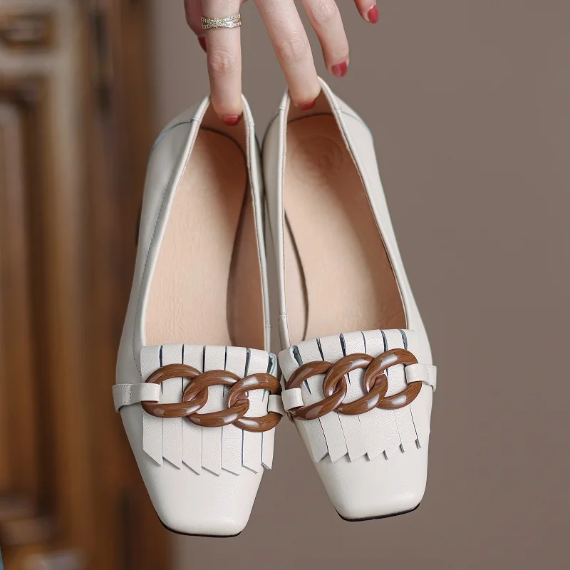Women's Fringe Shoes On Heel Pleated Retro High heels Spring Autumn Lady Pumps With Chains Heels Women Sheepskin shoes tacones