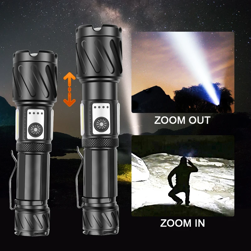 XHP199 Adjustable Flashlight Strong Light Rechargeable LED Torch 18650 or 26650 Battery Zoom 6 Modes Outdoor Camping Emergency