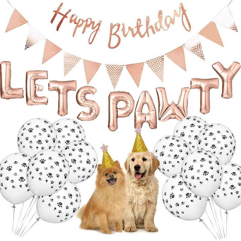 Dog-themed birthday party decoration pet pull flag aluminum film cute footprints balloon tiara hat atmosphere dress up set logo