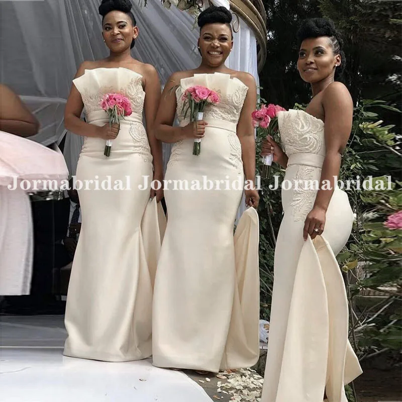 

Strapless Beige Mermaid Bridesmaid Dresses Vintage Applique Crinkle Ruched African Wedding Guest Dress Vestido Largo Elegante