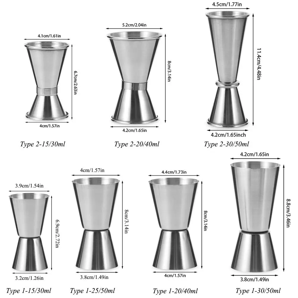 Stainless Steel Cocktail Shaker Measure Cup rink Spirit Measure Jigger, Kitchen Bar Tools, 15 ml, 30ml, 20 ml, 40ml, 30ml, 50ml