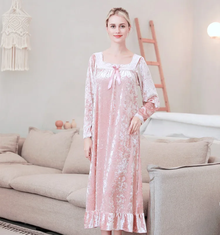 Ladies Spring Autumn Winter Long Sleeved Nightgown Single Side Flannel Long Korean Noble Luxury Princess Nightdress Home Clothes