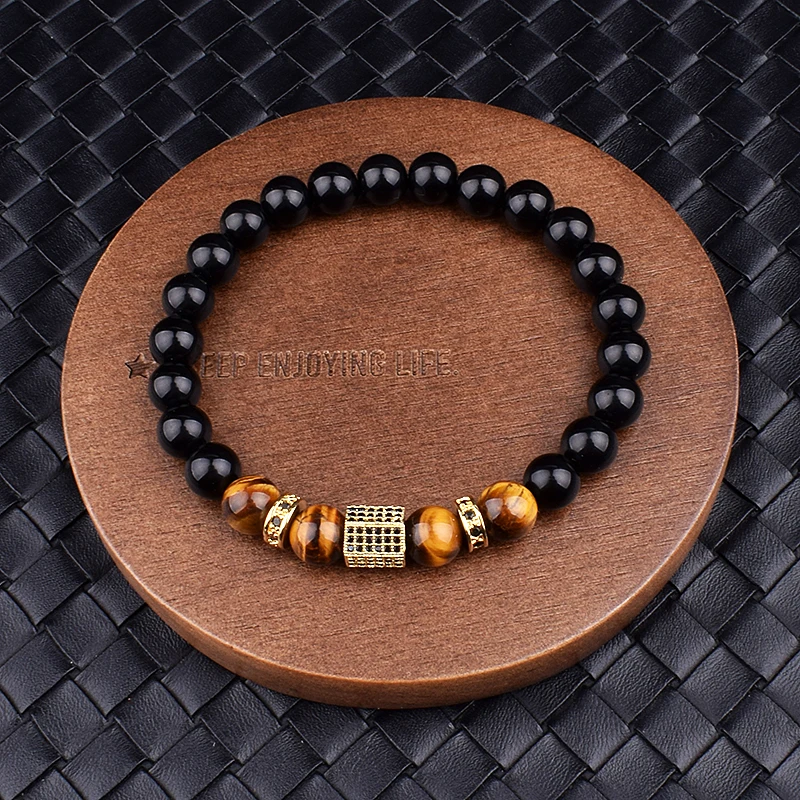 Natuur Matte Onyx Tijgeroog Steen Armbanden Mannen Mode Kubieke Zirkoon Charm Armbanden Voor Vrouwen Healing Soul Elastische Sieraden Gift