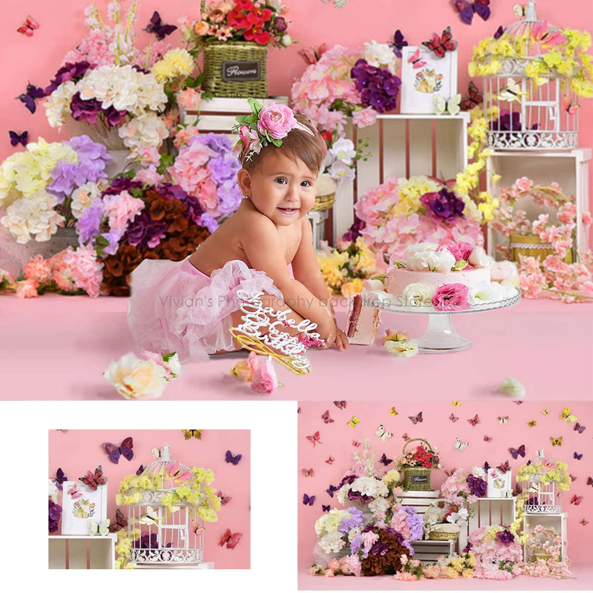 Spring Garden Backdrop Kids Cake Smash Props Baby Floral Photocall Newborn Photostudio Butterfly Basket Birthday Photostudio