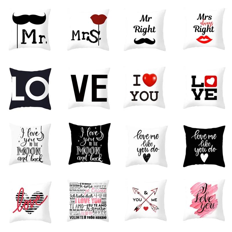 Letter Love Cushion Cover Black White Red Throw Pillow Case For Couple Polyester Sofa Home Decorative Pillow Cover Amortiguar