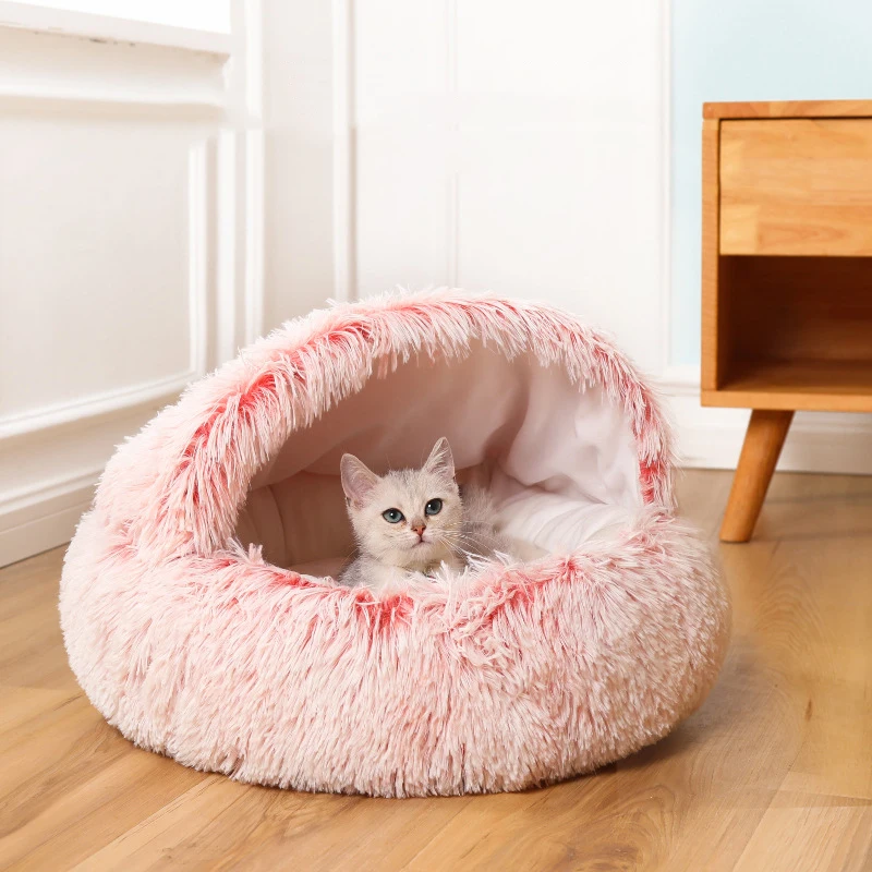 Round Long Plush Cat Bed Winter Warm Thicken Pet House  Soft Comfortable Sleeping Bag For Small Dogs 2 In 1 Cat Bed Dropshipping