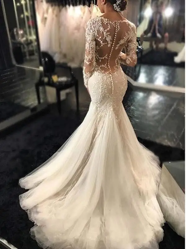 Robes de mariée sirène à manches longues, appliques en dentelle, train de balayage perlé, patients, quoi que ce soit