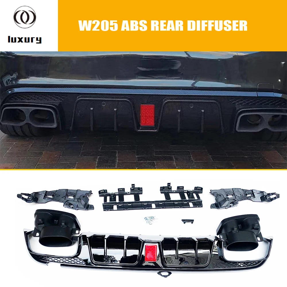 ABS Rear Bumper Diffuser with Led Light for Benz W205 S205 C180 C200 C300 C43 C63 with Amg Package Sedan & Wagon 15 - 22