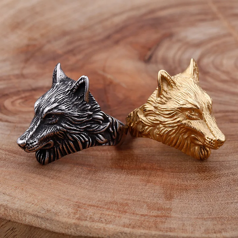 Vintage Handmade Stainless Steel Plated Gold Personality Domineering Men\'s Wolf Head Ring