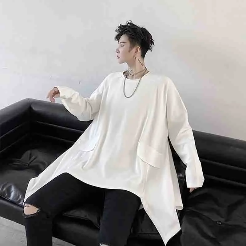 T-shirt long sleeve blouse men's and women's stitching design oversize sense of fit and loose, irregular and dark hem