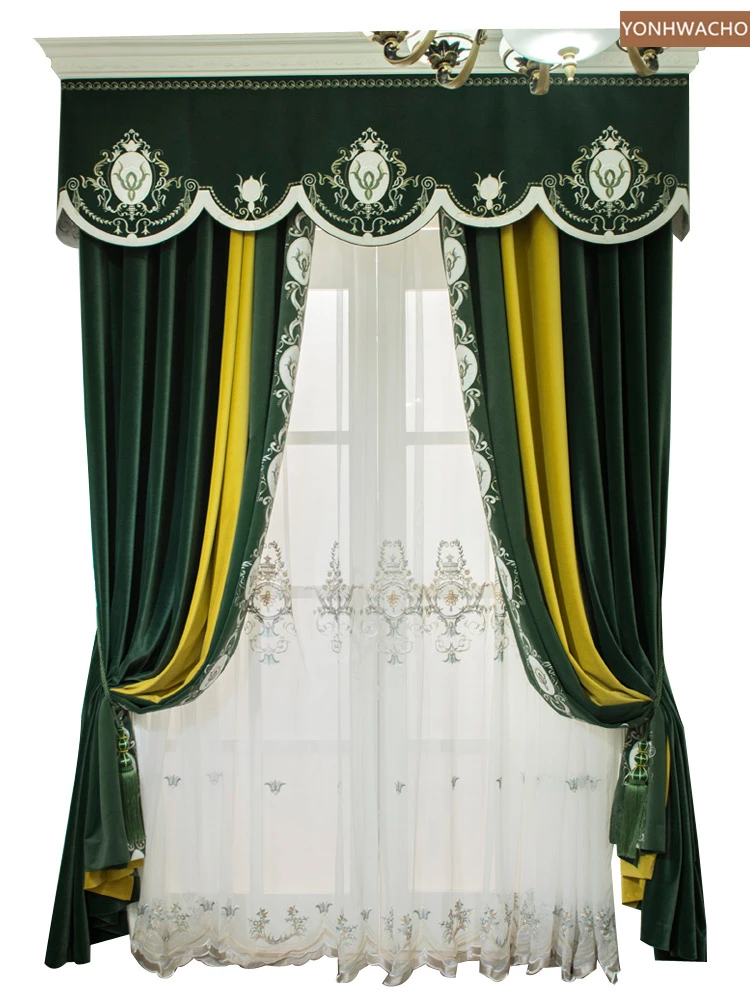 

Custom curtain American post-modern luxury thick embroidered green velvet cloth blackout curtain valance tulle panel C474