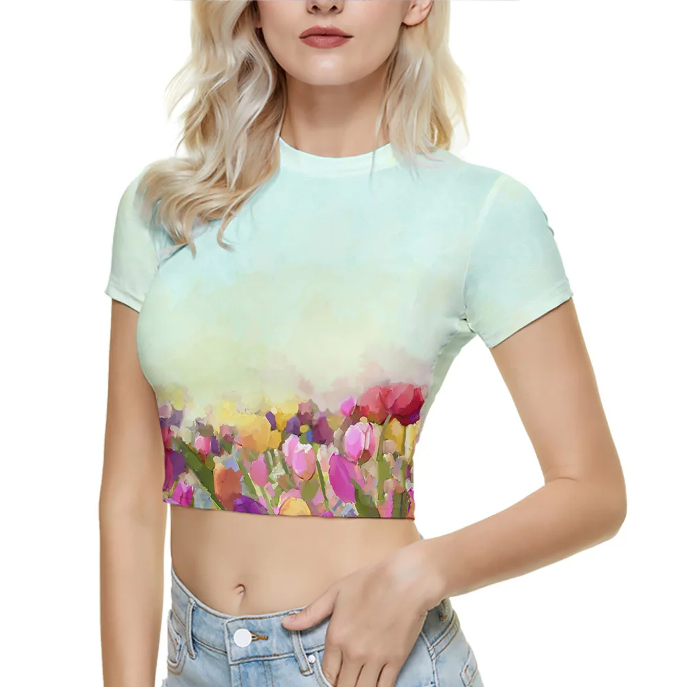 Women's Summer Skinny T-shirt 2021 Print Hit Color Navel Slim Short Sleeve Round Neck Casual Hedging T-shirt Ladies