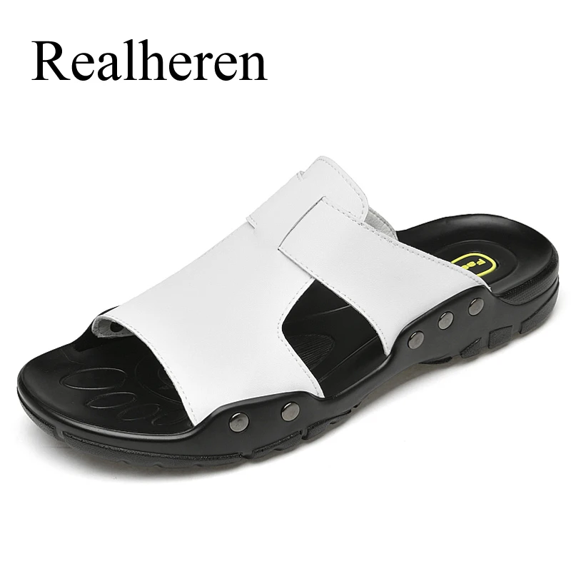 Chanclas de cuero para hombre, zapatos informales de talla grande 50, 51, 52, sandalias suaves negras para playa y exteriores, 2021