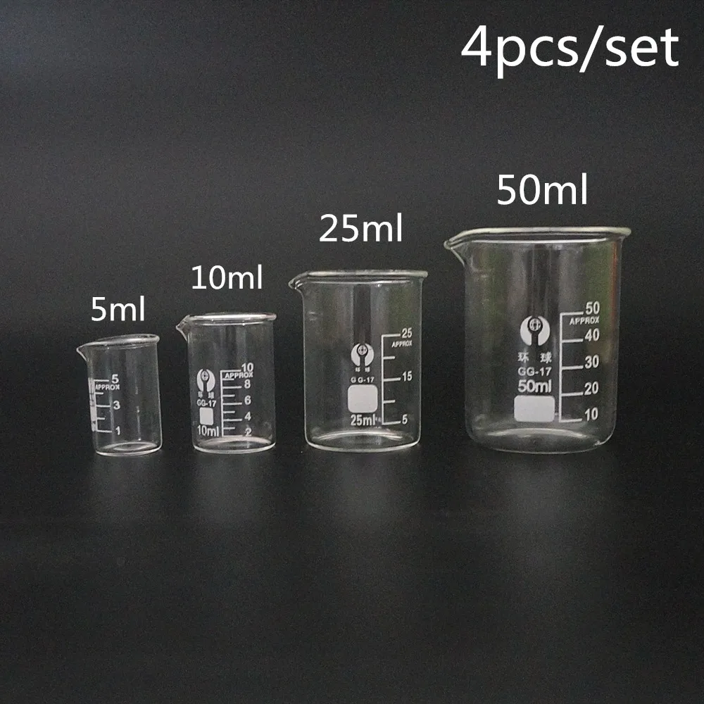 실험실 또는 주방용 유리 비커, 파이렉스 비커, 실험실 측정 컵, 5ml, 10ml, 25ml, 50ml, 세트당 4 개