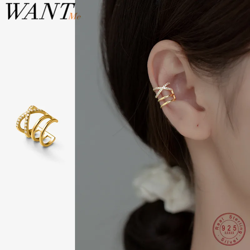 WANTME 925 Sterling Silver Shiny Cross Double 1 pcs Ear Clip Line  Without Piercing Earrings Women Jewelry Ear Cuff Accessories