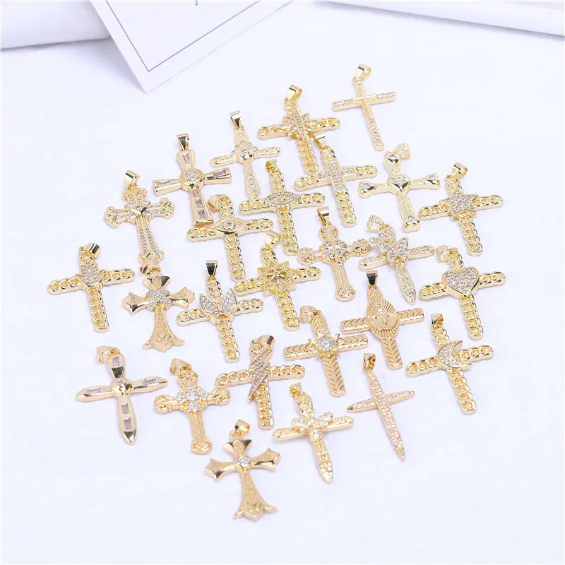 DIY Multi-style Cooper Gold Plated Crosses Charms Pendant Inlaid Zircon Pendants For Handmade Jewelry Accessories Supplies