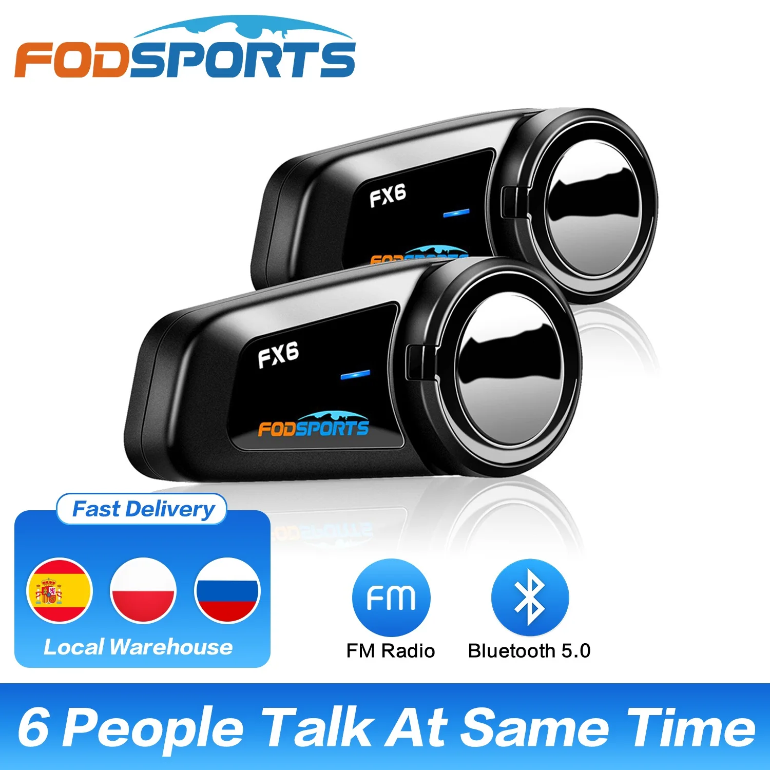 Fodsports 2 stks FX6 Helm Intercom Motorfiets Bluetooth Helm Headset 6 Rider 1000 m Moto Interphone Intercomunicador FM BT 5.0