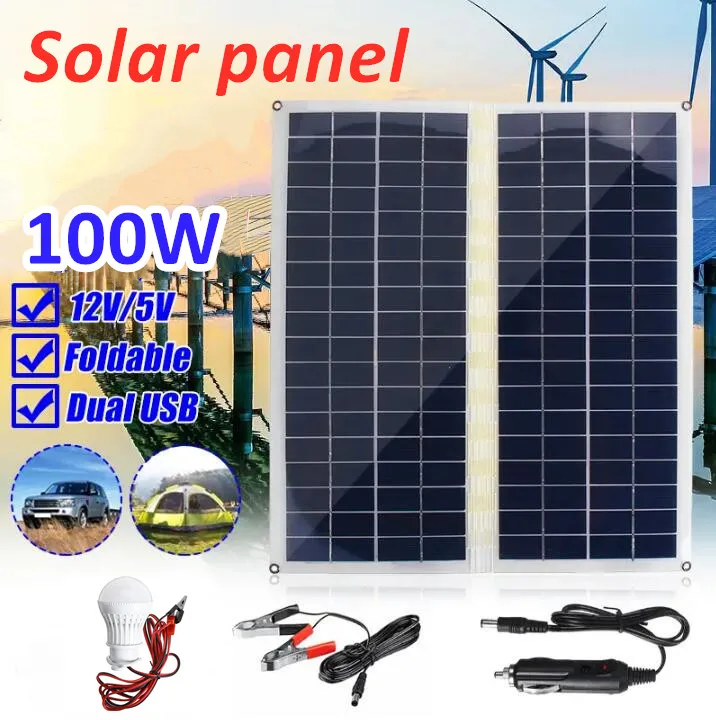 

100W 5V Folding Solar Panel PET Waterproof Solar Cells Emergency Power Supply Multi-function Socket for Mobile Phone Charger