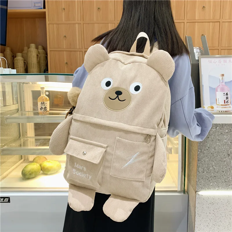 2021 New Cartoon Bear Corduroy Women Backpack Female Cute Stripe School Bag Luxury Embroidery Travel Backpacks For Teenage Girls