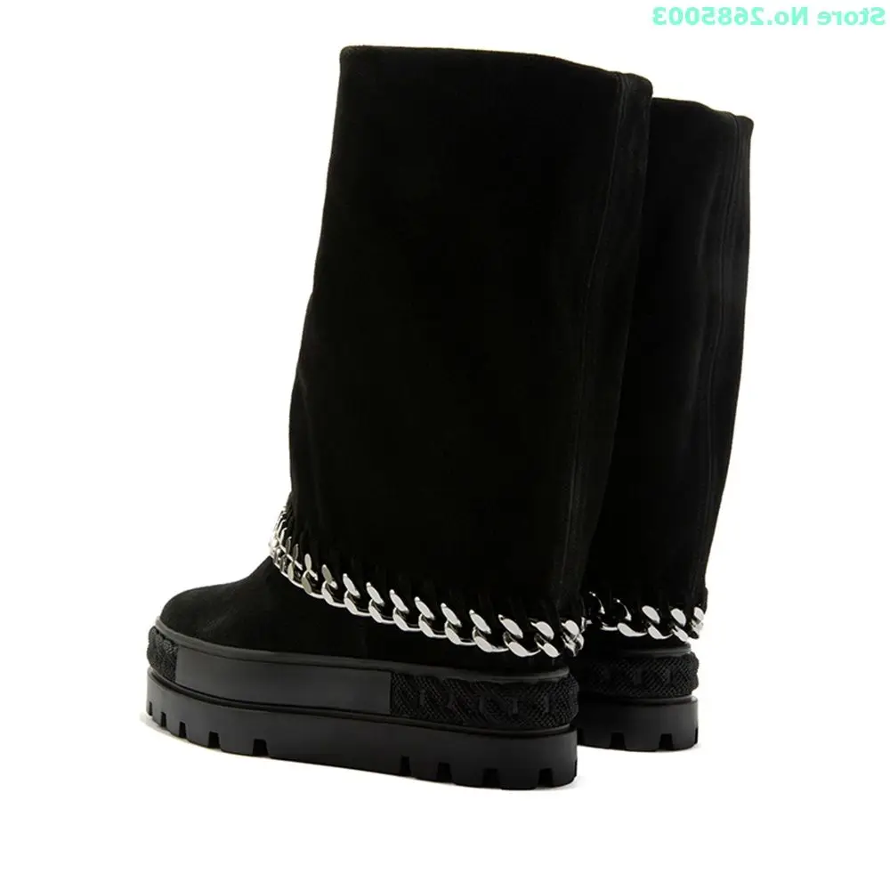 

Height Increasing Metal Chain Boots Slip On Mid Calf Round Toe Suede Women Concise Winter Warm Party Dress Boots Shoes Black