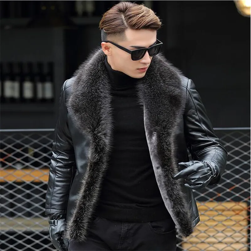 

M-5XL Nice Winter Pop Men Lambswool Leather Jacket Genuine Leather Coats Thicken Fur Animal Collar Jaqueta Masculino Plus Size