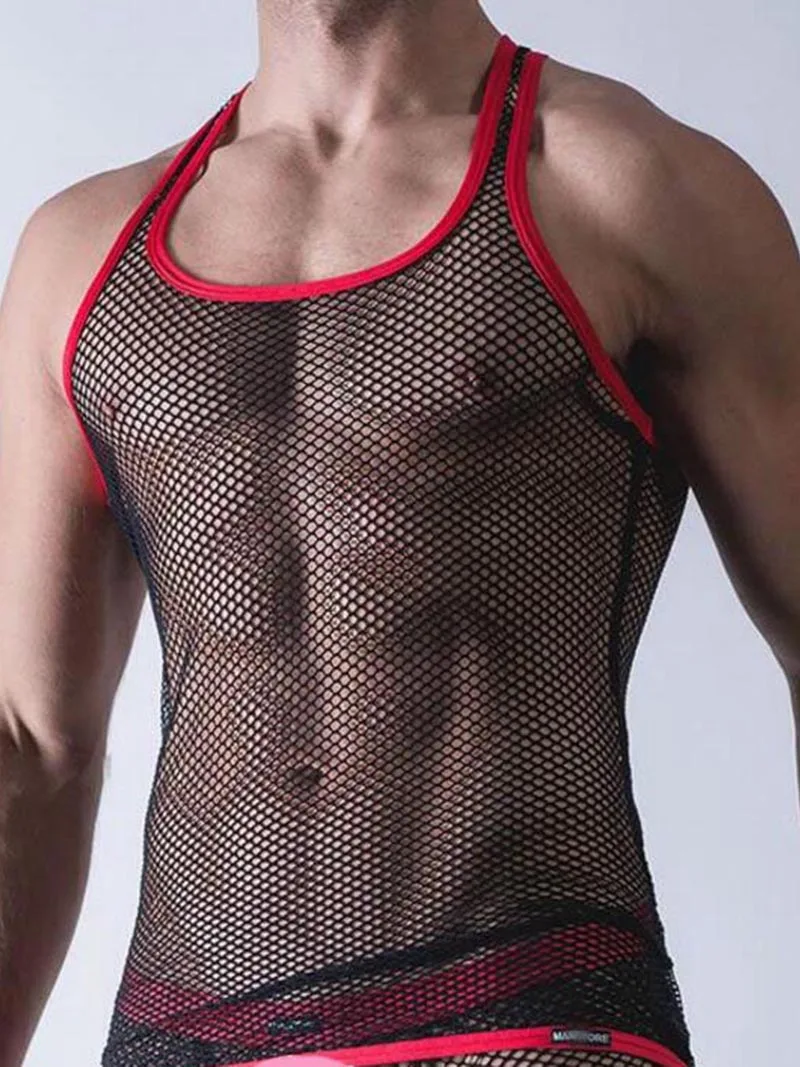 Male Sexy Sheer Black Mesh Tank Top with Red Trim Undershirt Racer Back Vest Singlet Macho Show Outfit