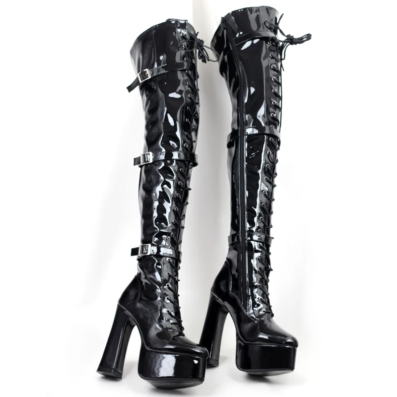 JIALUOWEI Gothic Women Lace Up Platform High Block Heel Punk Combat Thigh High Riding Boots