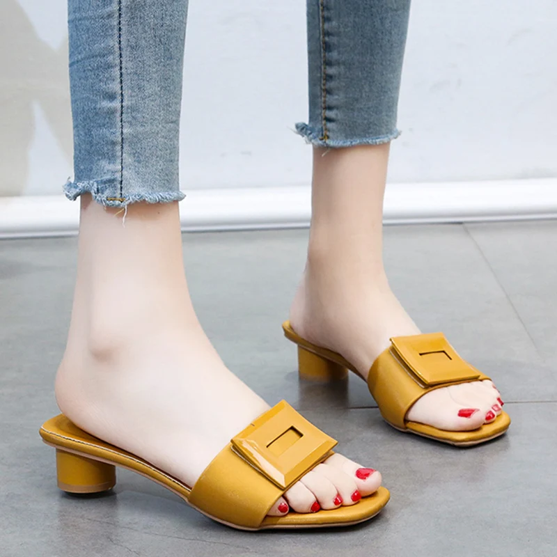 2023 Yellow Green Slides Women 3cm High Heels Slippers Buckle Mules Fetish Summer Sandals Girls Low Block Heels Outdoor Shoes