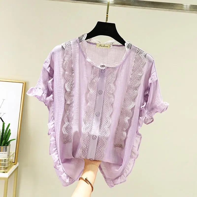 

Women Summer Shirts Temperament Elegant Blouses Short Sleeve O-Neck Lace Splice Solid Color Casual Loose Tops Blusas MM0685