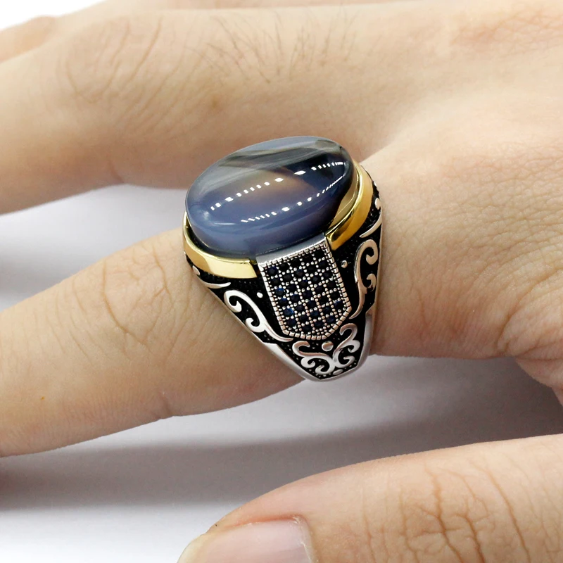 S925 مجموعة خاتم فضة إسترليني للرجال والنساء ، مجوهرات كلاسيكية عتيقة ، عقيق محيط طبيعي ، فاخر #3