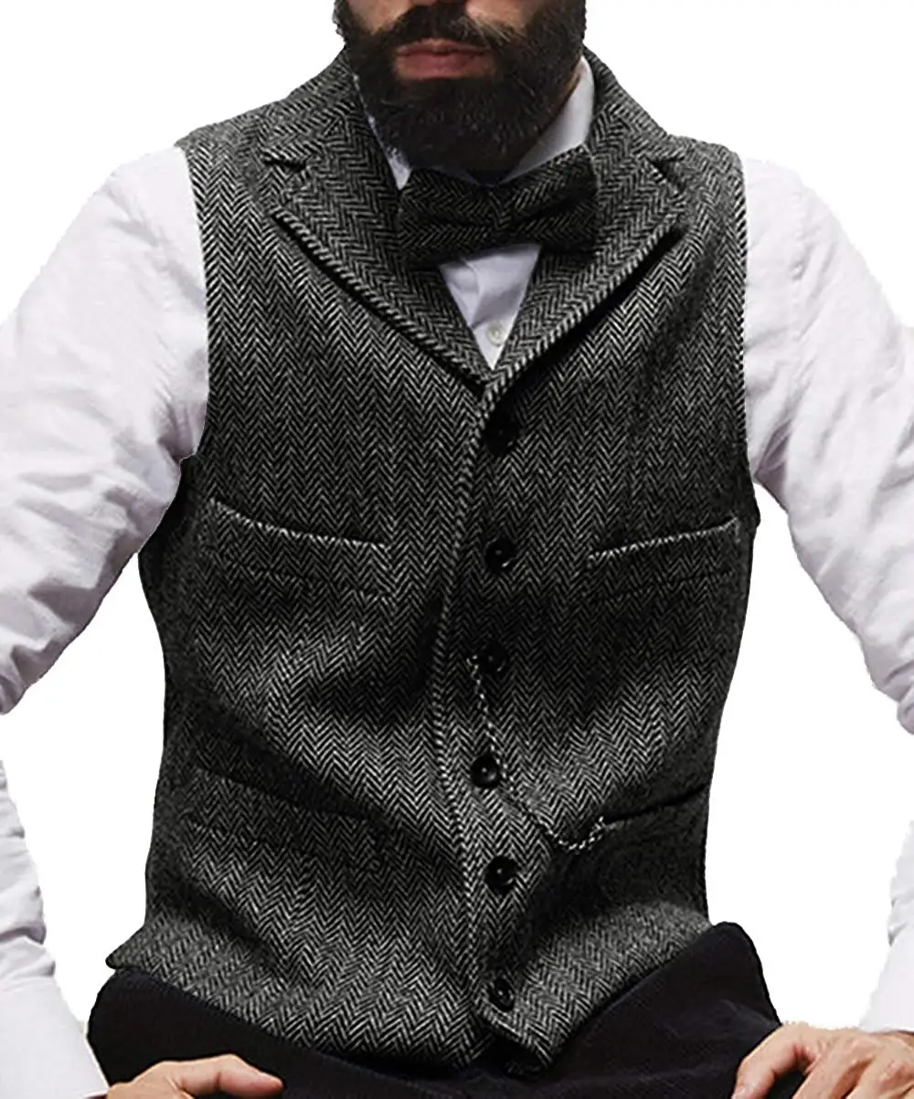 Rustic Groom vests Wedding Vintage Country Brown Tweed mens slim fit wedding Party for men Attire Groomsmen Vest Prom